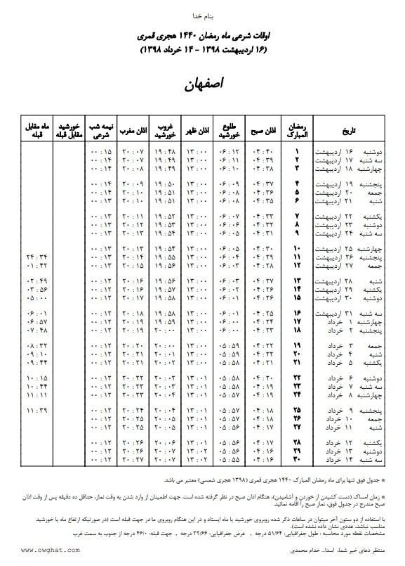  اوقات شرعی تهران مشهد تبریز اصفهان در رمضان 98