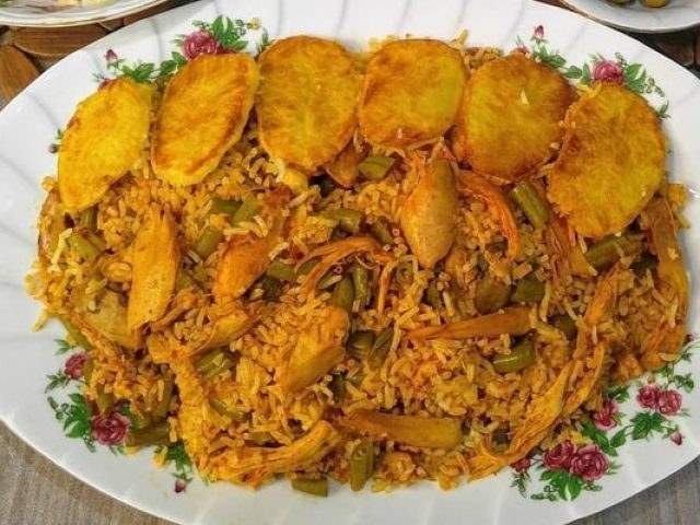 لوبیا پلو با فیله مرغ
