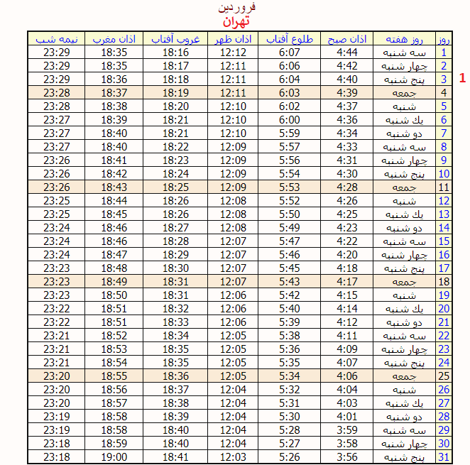 اوقات شرعی رمضان تهران 1402 اوقات شرعی رمضان تهران 1402