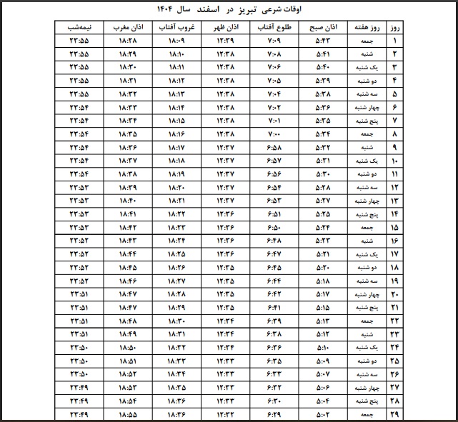 زمان اذان تبریز در رمضان 1404