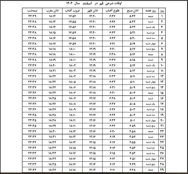 زمان اذان قم در رمضان 1404